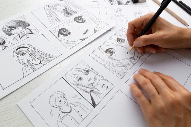 An artist draws a storyboard of an anime comics book. Manga style.